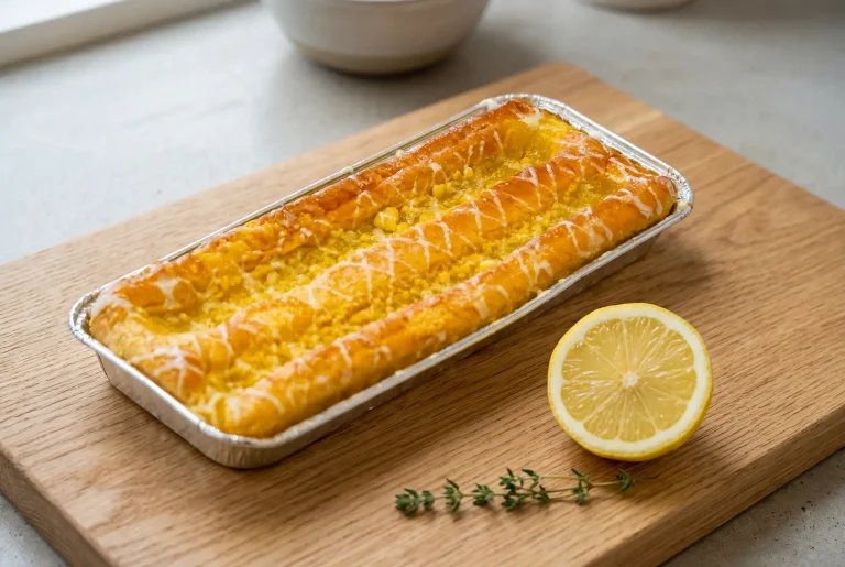 Freshly baked Lemon Stollen in a pan nicely displayed next to a yellow lemon and a sprig of greenry