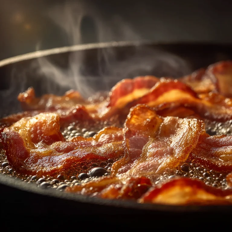 Close-up of bacon frying in a skillet
